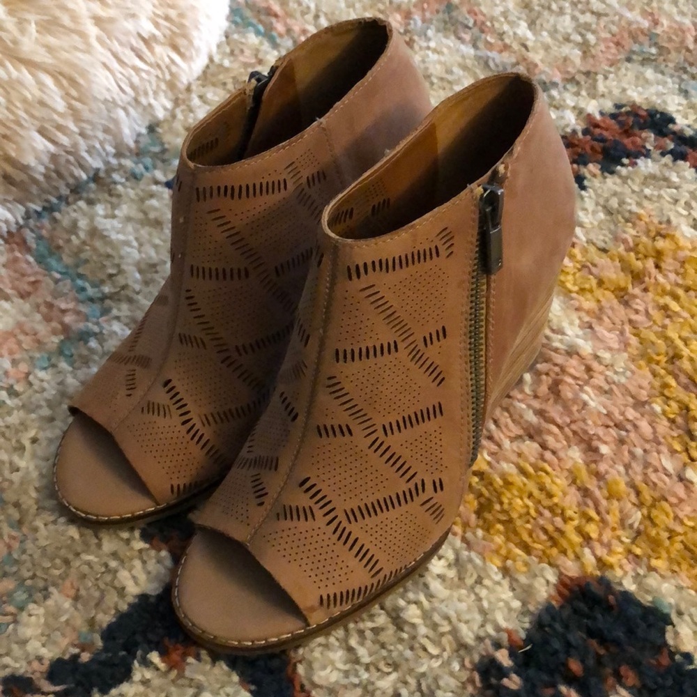 Lucky Brand peep toe booties.